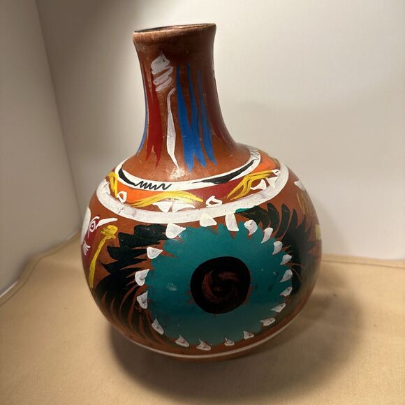 Hand Painted Red Ware Pottery Vessel Decanter Pitcher Jug Folk Art 11.5x8 in - Picture 8 of 12